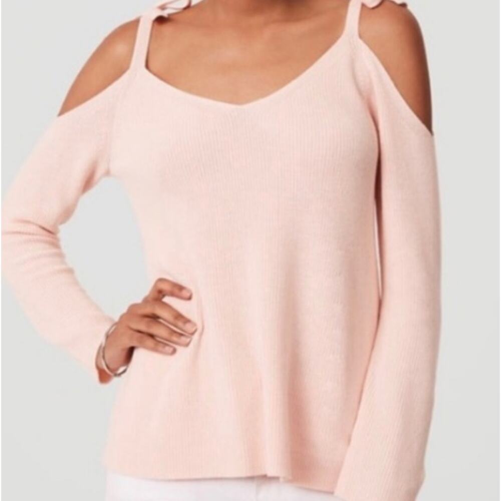 Loft Pink Cold Tie Shoulder Ribbed Sweater Top S Small Ann Taylor - Picture 3 of 10